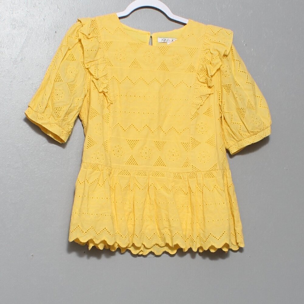 Joy Joy Yellow Eyelet Ruffle Sleeve Peplum Top